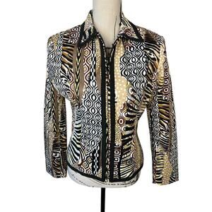 Giancarlo Ferrari Jacket Animal Print Embroidered Trim Brown Size 6 Casual